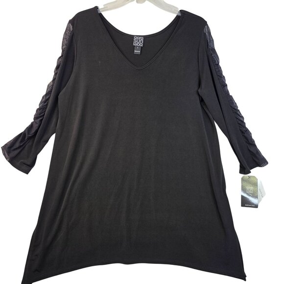 Clara Sunwoo Tunic Large V Neck Black Mesh Ruched Sleeves Chic Fall Top - Picture 1 of 8